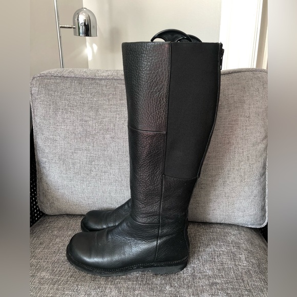 Black leather boots. 6 1/2. Stretch calves. Back zipper. - Picture 3 of 6